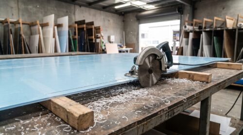 Cutting polycarbonate sheet with the protective film left on at BCJ Plastic Products Perth